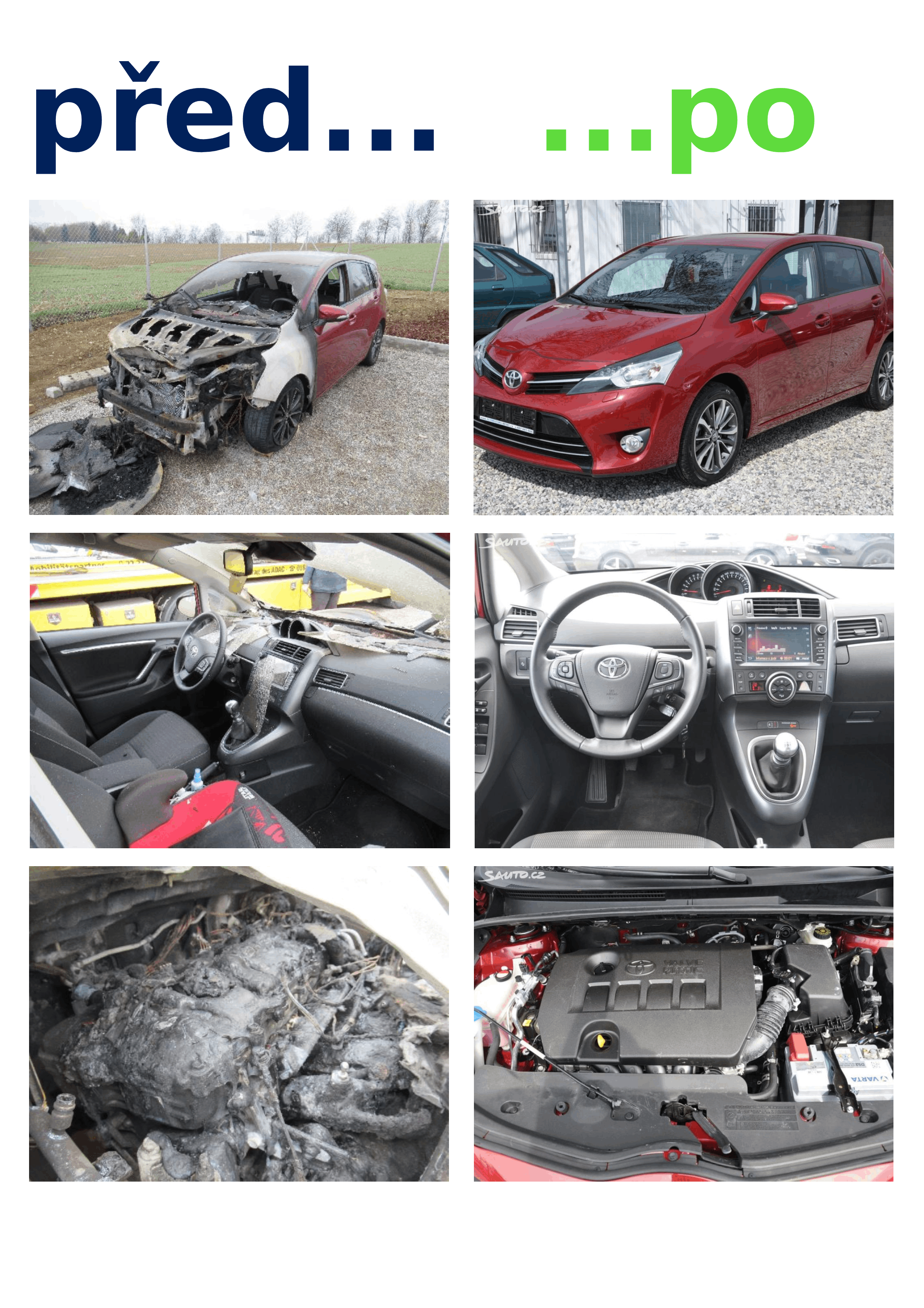koláž shořelá toyota
